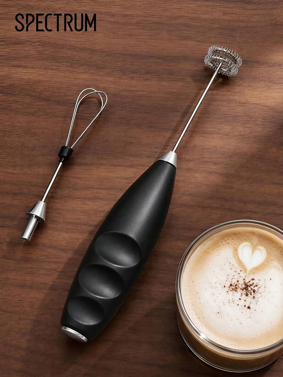 1pc Handheld Electric Milk Frother With 2 Replaceable Heads, Portable Drink Mixer, Egg Whisk Foam Maker For Coffee, Latte, Cappuccino, Home Kitchen Decor, Black - Multicolor - View 1