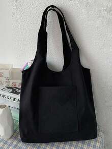 SIENNITY Black Fashion Letter Print Women's Canvas Tote Bag, Portable Reusable Shopping Bag For Daily Commute - Black - View 6