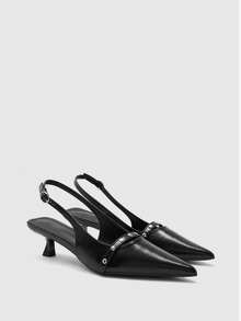 CUCCOO BIZCHIC Women's Black Pointed Back Strap Kitten Heel Single Shoe Rivet Decoration Shallow Mouth Commuting Simple Temperament High Heel Single Shoe - Black - View 1