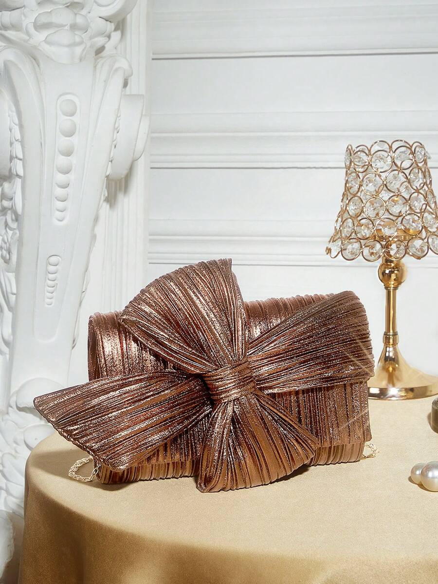 SHECARRY Ladies Fashionable Elegant Simple Metal Dark Brown Pleated Bow Clutch Bag Evening Bag, Party Date Evening Banquet Wedding - Coffee - View 1