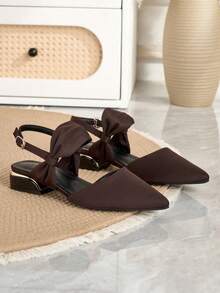 Alvarani Women's Pointed Head Solid Color Buckle Side Bow Design Daily Going Out Wear Commuter Office Shoes - Coffee Brown - View 7