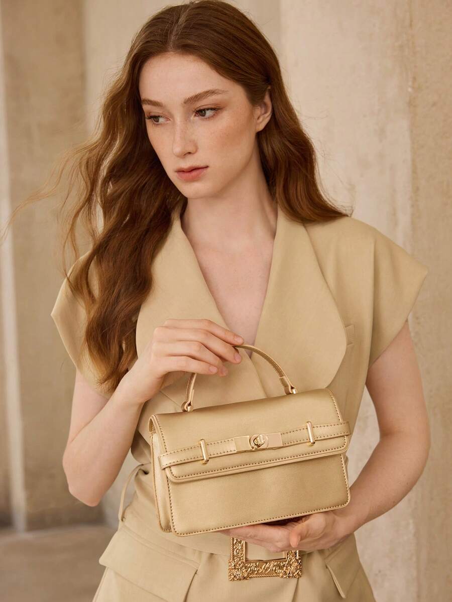 MOTF WOMEN'S FASHION GOLD HANDBAG, EXQUISITE STRAPS, SIMPLE AND VERSATILE SMALL SQUARE BAG, FOR DAILY USE, COMMUTING, SHOPPING, DATING - Gold - View 1