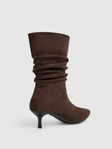 Daringsoles Autumn And Winter Pleated Thin Heel Square Toe But Knee-Colored Suede Mid-Boots - Coffee Brown - View 3