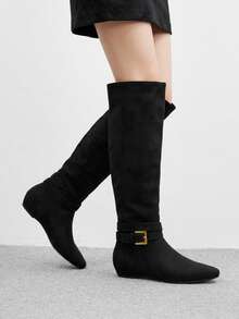 CUCCOO BIZCHIC Women's Shoes Metal Buckle With Pointed Toe Wedge Heel Retro Suede High Boots Commuting Out Of The Street - Black - View 3