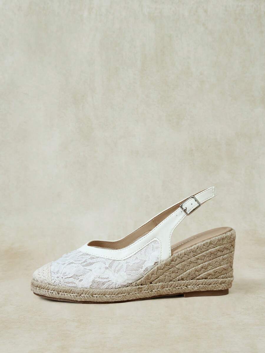 Styleloop Women's New White Lace Backless Straw Rope Wedge Shoes, Bohemian Vacation Style, Travel Outfit - White - View 1
