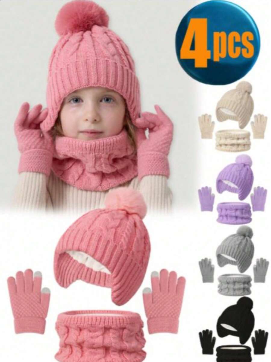 4 Pieces Of Children's Fur Ball Winter Wear Knitted Warm Hat Gloves And Scarf Set, Autumn And Winter Solid Color Plus Velvet Thickened - 4PCS - View 1