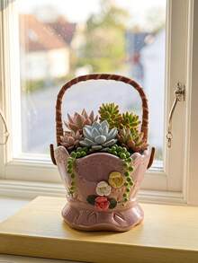 Cirelle 1pc Basket‑Shaped Plant Pot, Decorative Planter With Woven Handle, 3D Floral Embellished Flower Container, Vintage‑Style Succulent Pot For Tabletop Display,Suitable For Housewarming Gifts, Daily Use, And Creating A Happy Home Atmosphere - default - View 3