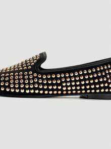 Alvarani Giày Loafer nữ xỏ chân đế bệt phong cách thường ngày, đính kim sa lấp lánh 3D, phong cách punk kim loại, thân giày thoáng khí, đế mềm, mũi vuông, xuân hè - Vàng - Xem 5