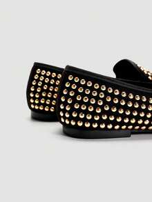 Alvarani Giày Loafer nữ xỏ chân đế bệt phong cách thường ngày, đính kim sa lấp lánh 3D, phong cách punk kim loại, thân giày thoáng khí, đế mềm, mũi vuông, xuân hè - Vàng - Xem 7