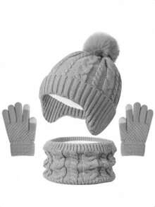 4 Pieces Of Children's Fur Ball Winter Wear Knitted Warm Hat Gloves And Scarf Set, Autumn And Winter Solid Color Plus Velvet Thickened - 4PCS - View 2