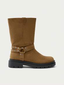 Nöista Mid-Calf Microfiber Boot With Biker-Inspired Harness Detail, Chunky Lug Sole And Pull Tab For An Effortless Look. Fall Boots - Brown - View 1