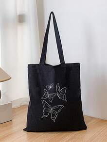 SIENNITY Black Stylish Butterfly & Letter Print Women's Canvas Tote Bag, Portable Reusable Shopping Bag For Daily Commute - Black - View 2