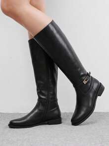 CUCCOO BIZCHIC Ladies Retro British Black Tall Knight Boots Metal Buckle Round Toe Low Heel Side Zipper Knee Boots Autumn And Winter Daily Commuter Versatile Boots - Black - View 4