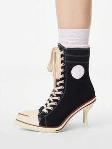 ROMWE Grunge Punk Women's Short Boots And Ankle Boots, Pointed-Toed Stiletto High-Lace-Up Dark Rock Punk Boots, Riveted Y2K Goth Boots, Knight Motorcycle Boots - Black -0004 - View 5