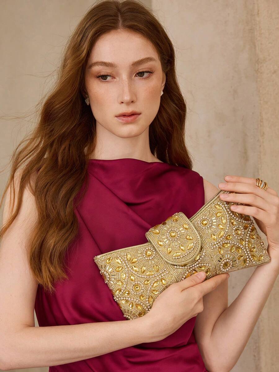 MOTF WOMEN'S FASHION LIGHT LUXURY BOW SHAPE CLUTCH BAG, EXQUISITE RHINESTONE GOLD DINNER BAG, USED FOR PARTIES, FESTIVALS, WEDDINGS, DRESS MATCHING - Gold - View 1