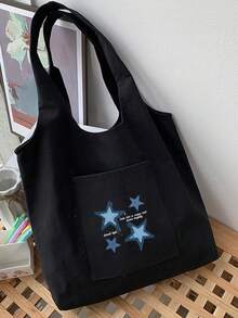 SIENNITY Black Stylish Blue Star & Letter Print Women's Canvas Tote Bag, Portable Reusable Shopping Bag For Daily Commute - Black - View 4