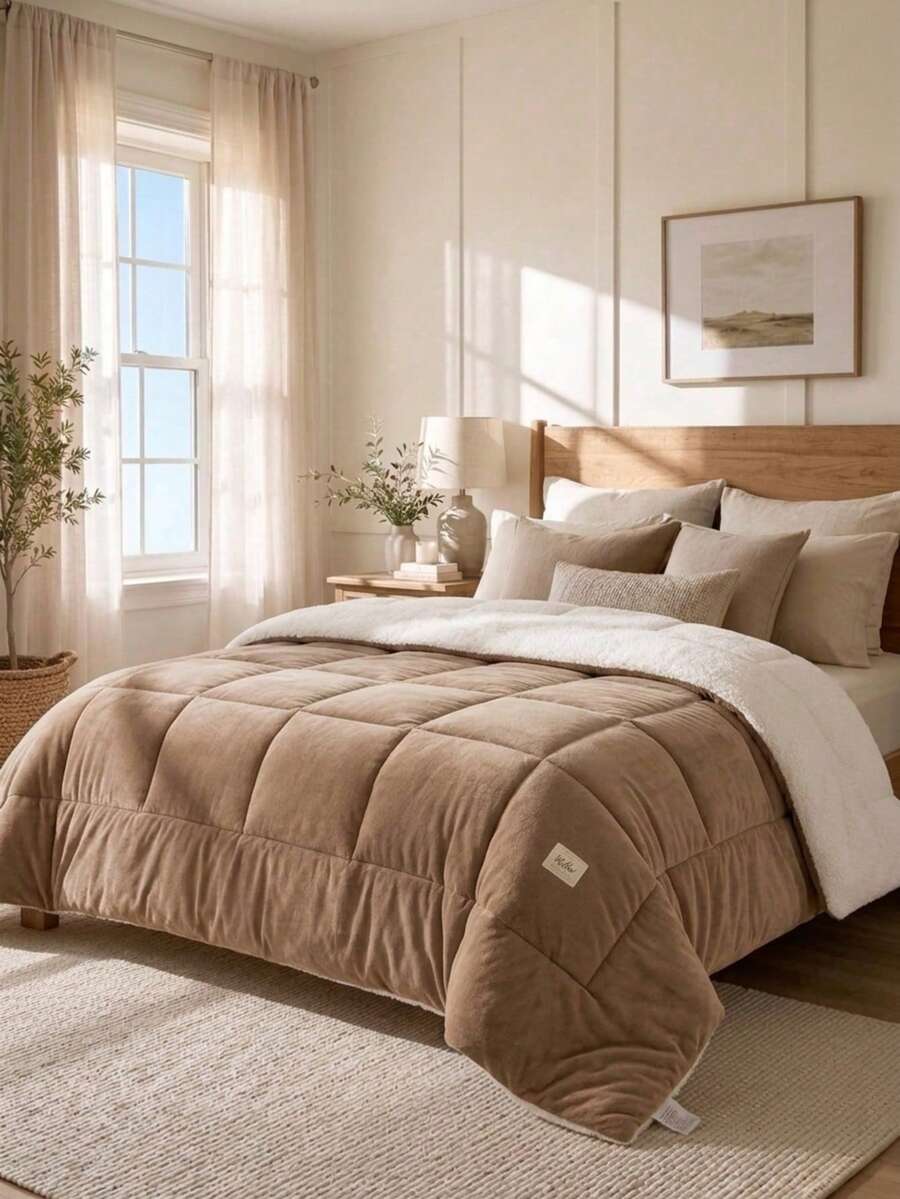 Cirelle Reversible Sherpa Comforter, Ultra Soft Plush Fleece Quilted Comforter, Heavyweight Warm Winter Bedding Set With Box Stitching, Khaki Bed Comforter Insert For All Season - Camel - View 1