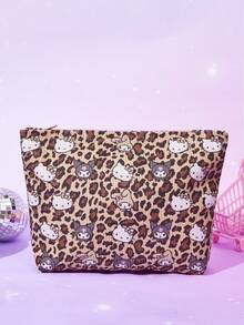 HELLO KITTY AND FRIENDS | Joivida Vintage Leopard Base Sweet Cartoon Characters Heart Element Allover Print Corduroy Makeup Bag Zipper Closure Toiletry Storage Bag For Daily Trip Use - leopard print - View 4