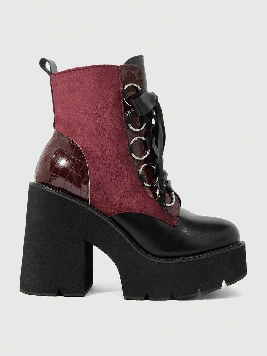 Sugerpunk Women's Thick-Soled Super High-Heeled Ankle Boots, Punk Style Burgundy Nocturne Sweet And Cool Style Contrasting Splicing, Metal Ring Ribbon Bowknot Winter Boots - Burgundy - View 1