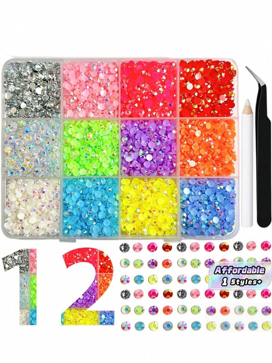 1 Set,12 Colors,Sparkling Resin Crystal Rhinestones With Tools, Flat Back Mixed Gems For DIY Crafts, Clothes, Shoes, Cups And Fabrics - multicolor - View 1