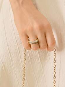 MOTF PREMIUM 18K GOLD-PLATED FAKE DOUBLE-LAYER FULL DIAMOND RING OPENING DESIGN LIGHT LUXURY PLATED FINE FLASH RING - Yellow Gold - View 7