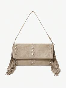 Viva Strut Women's Fashionable Simple Personality Street Versatile Retro Khaki Suede Tassels Rivet Shoulder Bag, Clutch Bag, Daily Shopping Dating - Khaki - View 1