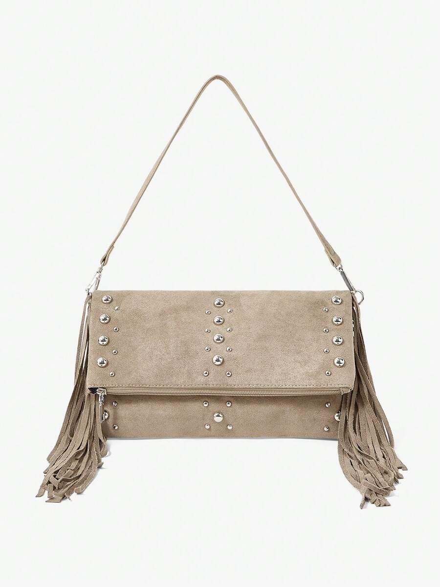 Viva Strut Women's Fashionable Simple Personality Street Versatile Retro Khaki Suede Tassels Rivet Shoulder Bag, Clutch Bag, Daily Shopping Dating - Khaki - View 1