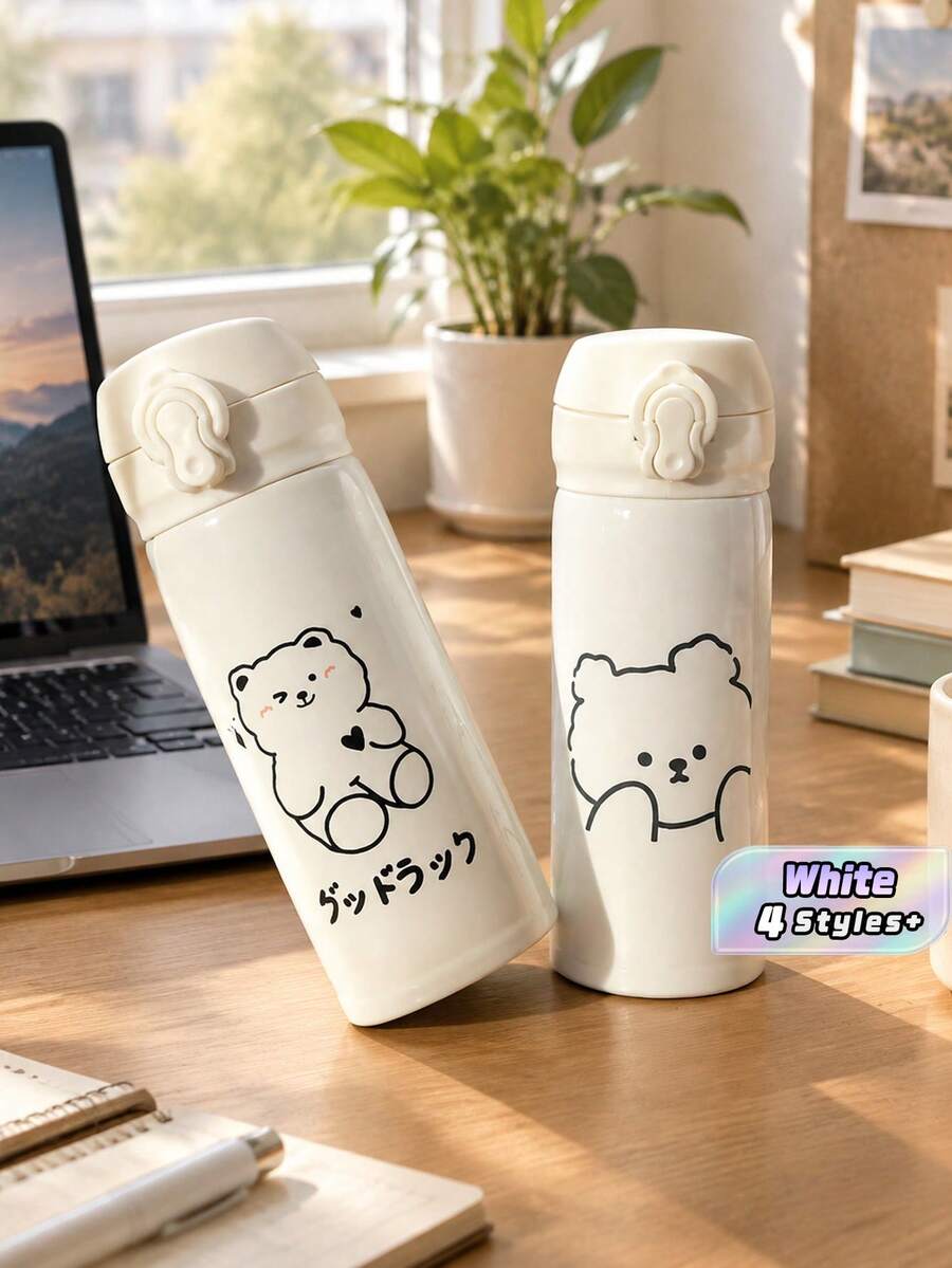 1pc Random Cute Bear Design Stainless Steel Insulated Water Bottle, High Capacity Portable Cartoon Water Bottle - Multicolor - View 1