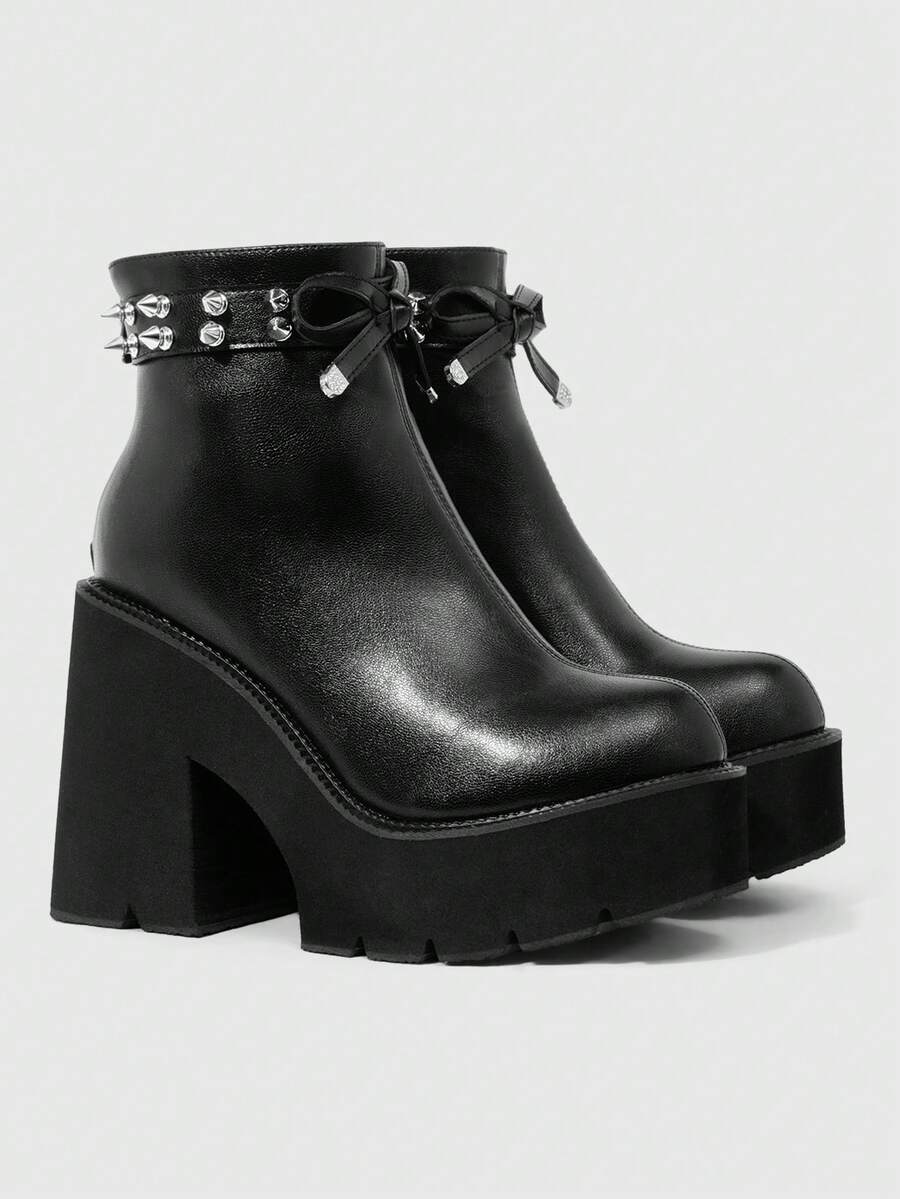 ROMWE Goth Women's Platform And Ankle Boots And Ankle Boots, Y2K Millennial Pointed Toe Rivet Strap Bow Black Big Round Toe Serrated Muffin Bottom Super High Heel - Black - View 1