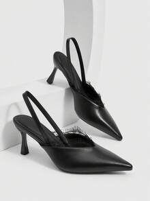 CUCCOO SZL Ladies, Pointed Toes, Lace, Back Empty Heels, Buckle Straps, Stiletto, Elegant And Comfortable Ladies Banquet Commute, Multi-Color, Single Shoes - Black - View 1
