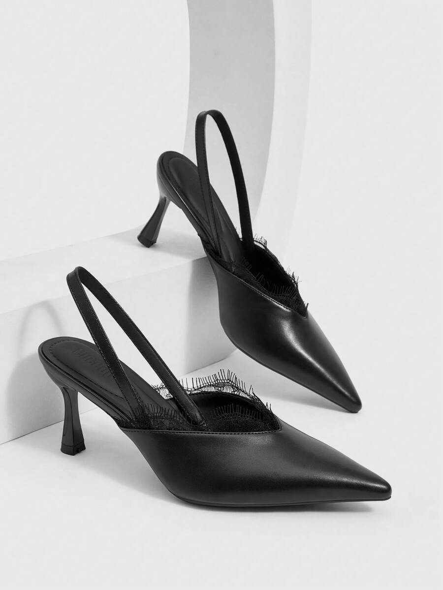 CUCCOO SZL Ladies, Pointed Toes, Lace, Back Empty Heels, Buckle Straps, Stiletto, Elegant And Comfortable Ladies Banquet Commute, Multi-Color, Single Shoes - Black - View 1