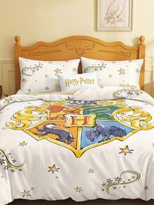 HARRY POTTER X SHEIN 3件組米色卡通星星魔法印花臥室床上用品被套組（1件被套 + 2件枕套，不含芯），超細纖維材質，柔軟保暖，多尺寸可選，適用單人床/雙人床/加大床/特大床，復古床上用品，可愛裝飾 - 米色 - 查看 4