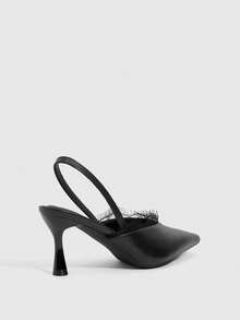 CUCCOO SZL Ladies, Pointed Toes, Lace, Back Empty Heels, Buckle Straps, Stiletto, Elegant And Comfortable Ladies Banquet Commute, Multi-Color, Single Shoes - Black - View 3