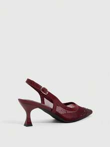 CUCCOO SZL Women's Fashion Pointed Mesh Rhinestone Sparkling Celebrity Temperament Evening Party Party Style Buckle High Heels Women's Shoes - Burgundy - View 3