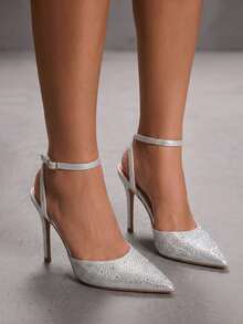 CUCCOO SZL Women's Silver Pointed Toe Rhinestone Stiletto High Heel Ankle Strap Slingback Pumps For Party And Evening - Silver - View 2