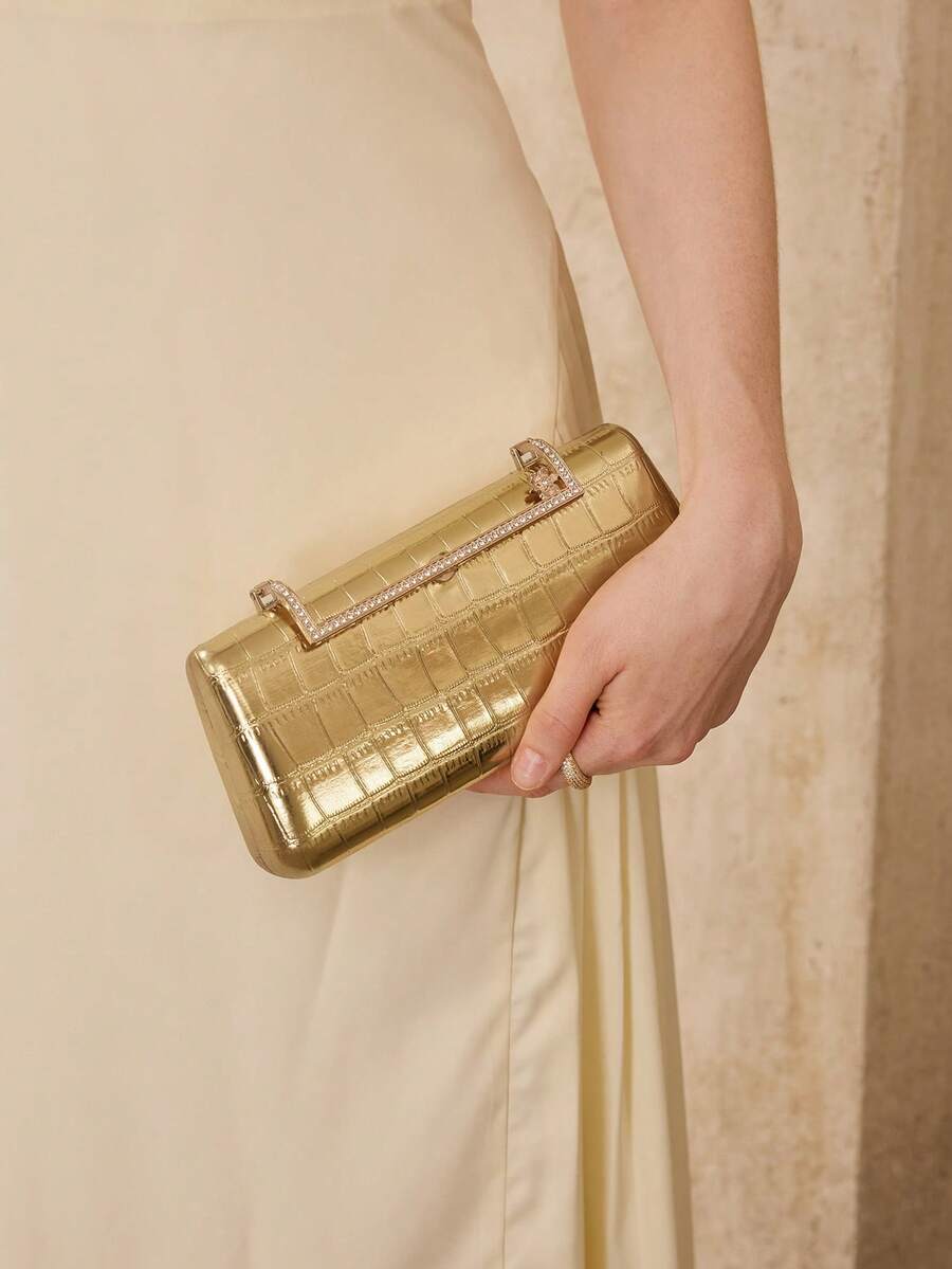 MOTF WOMEN'S FASHION GOLD CLUTCH BAG, EXQUISITE SQUARE DIAMOND, RETRO CROCODILE PATTERN BOX BAG, USED FOR DAILY, SHOPPING, PARTIES, PARTIES, DRESS MATCHING - Gold - View 1