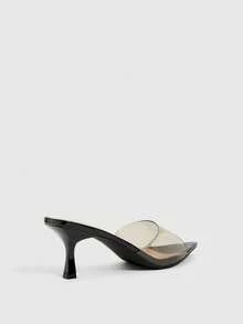 CUCCOO SZL Sandal Wanita Transparan PVC dengan Sambungan Kulit Paten Tanpa Hak Belakang, Hak Tipis, Minimalis, Mewah dan Mengkilap, Serbaguna dan Bergaya - Hitam - View 5