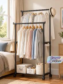 Portable Clothing Rack With Wheels, Aesthetic Ins Adjustable Single/Double Rod Clothing Hanging Rack, Dorm Room Necessities, Freestanding Clothing Organizer For Indoor Bedroom, Laundry Room, Balcony, Dormitory, Living Room, Home Use. - Multicolor - View 1