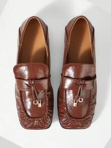 Mnmlis Women's Fashion Neutral Textured Brown Leather Ruched Square Toe Flat Loafers, Commute Casual Versatile Shoes - reddish brown - View 5