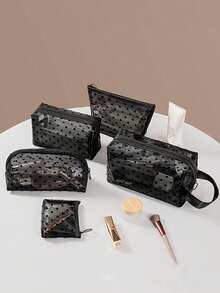 Found Favorite Heart-Shaped Flocked Mesh Makeup Bag, Transparent Hollow Storage Pouch, Portable Travel Toiletry Bag For Cosmetics, Lipstick, Coins, - Black - View 4