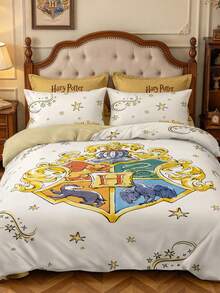 HARRY POTTER X SHEIN 3件組米色卡通星星魔法印花臥室床上用品被套組（1件被套 + 2件枕套，不含芯），超細纖維材質，柔軟保暖，多尺寸可選，適用單人床/雙人床/加大床/特大床，復古床上用品，可愛裝飾 - 米色 - 查看 1