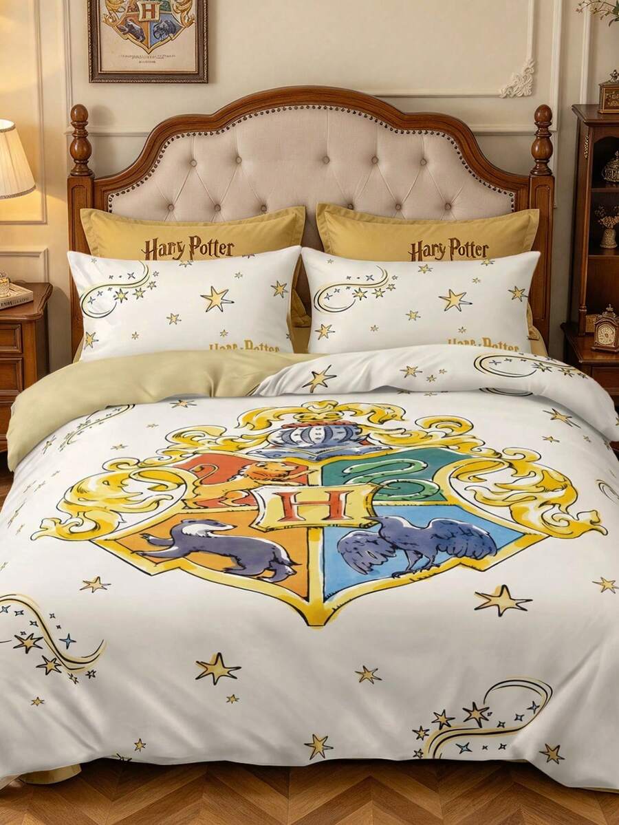 HARRY POTTER X SHEIN 3件組米色卡通星星魔法印花臥室床上用品被套組(1件被套 + 2件枕套,不含芯),超細纖維材質,柔軟保暖,多尺寸可選,適用單人床/雙人床/加大床/特大床,復古床上用品,可愛裝飾 - 米色 - 查看 1