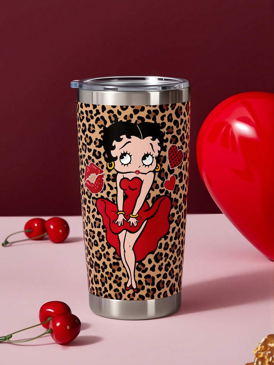 Betty Boop x SHEIN 20盎司不鏽鋼保溫車用咖啡杯,適合創意禮物、節日禮物、返校季 - 棕色 - 查看 1