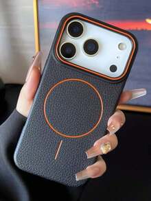 Magnetic TPU Leather 1pc TPU Magnetic Matte Textured Leather-Like Grain Phone Case Supports Wireless Charging Soft Shell Birthday Gift Anniversary Gift - Black - View 2
