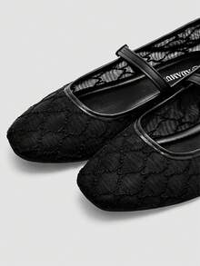 Alvarani Flat Shoes Fashion Women's Ballet, Embroidered Lace Mesh Dance Shoes, Solid Color Breathable Casual Flats, Square Toe, Comfortable - Black - View 7
