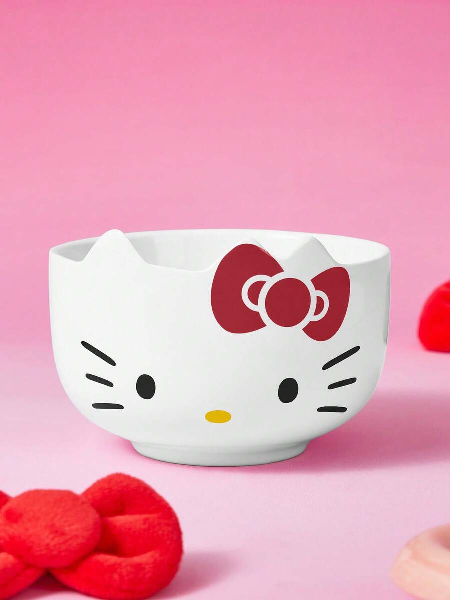 HELLO KITTY AND FRIENDS | SHEIN 直徑12cm 450ml/15oz 3D貓耳白色陶瓷碗,可愛卡通紅色蝴蝶結湯碗,適合女孩與宿舍的早餐甜點碗,創意居家餐具,日常禮品碗 - 白色 - 查看 1