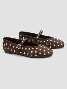 Alvarani Giày Loafers bệt thời trang cao cấp thoải mái cho nữ, đính đinh tán kim loại lấp lánh phản quang, nhẹ, phù hợp mọi mùa, dùng hàng ngày và đi tiệc - Màu nâu  Mocha - Xem 5