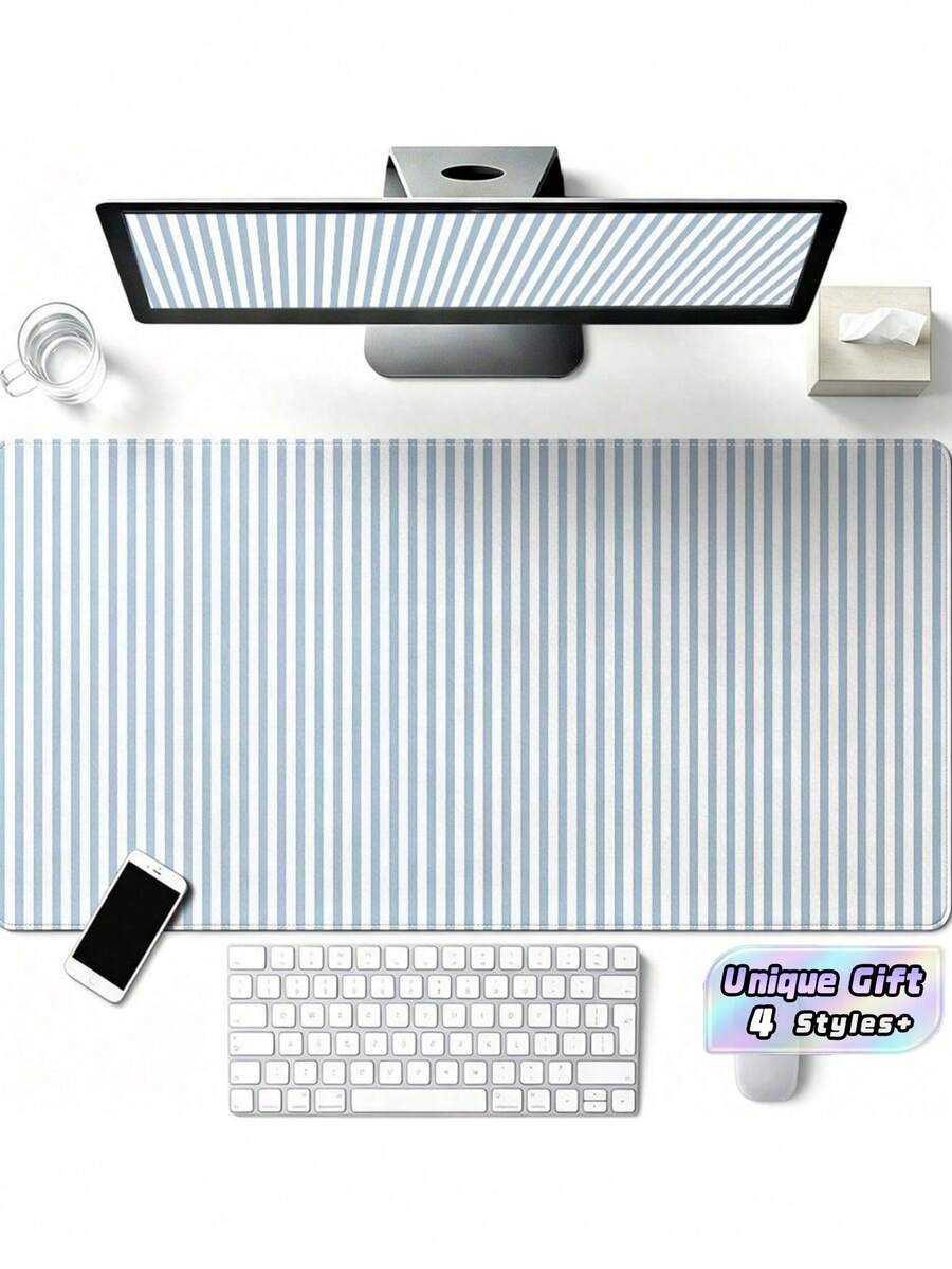 Extended Large Desk Mouse Pad, Soft Light Blue White Vertical Striped Gaming Keyboard Mat, Non-Slip Rubber Base Stitched Edges Waterproof Big Desktop Pad For Office Home Laptop Decor - View 1