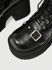 Sugerpunk Women's Spring/Autumn Punk-Style Retro Ankle Boots With Thick Wedge Heels And Platform Soles; Gothic Design Featuring Metal Buckles, Straps, And Studs - Black - View 6