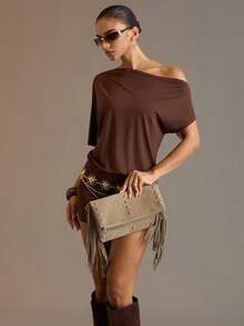 Viva Strut Women's Fashionable Simple Personality Street Versatile Retro Khaki Suede Tassels Rivet Shoulder Bag, Clutch Bag, Daily Shopping Dating - Khaki - View 8